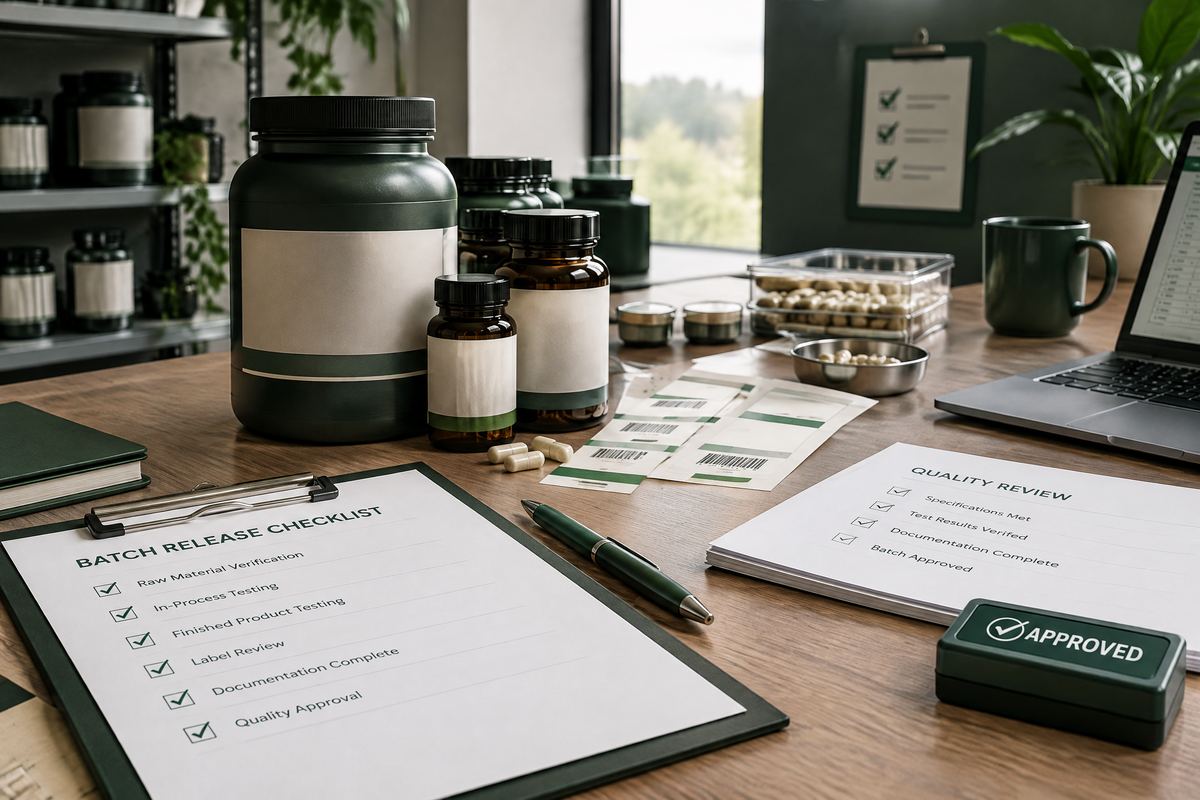 Unbranded supplement jars, batch record clipboard and lot labels on a quality review desk