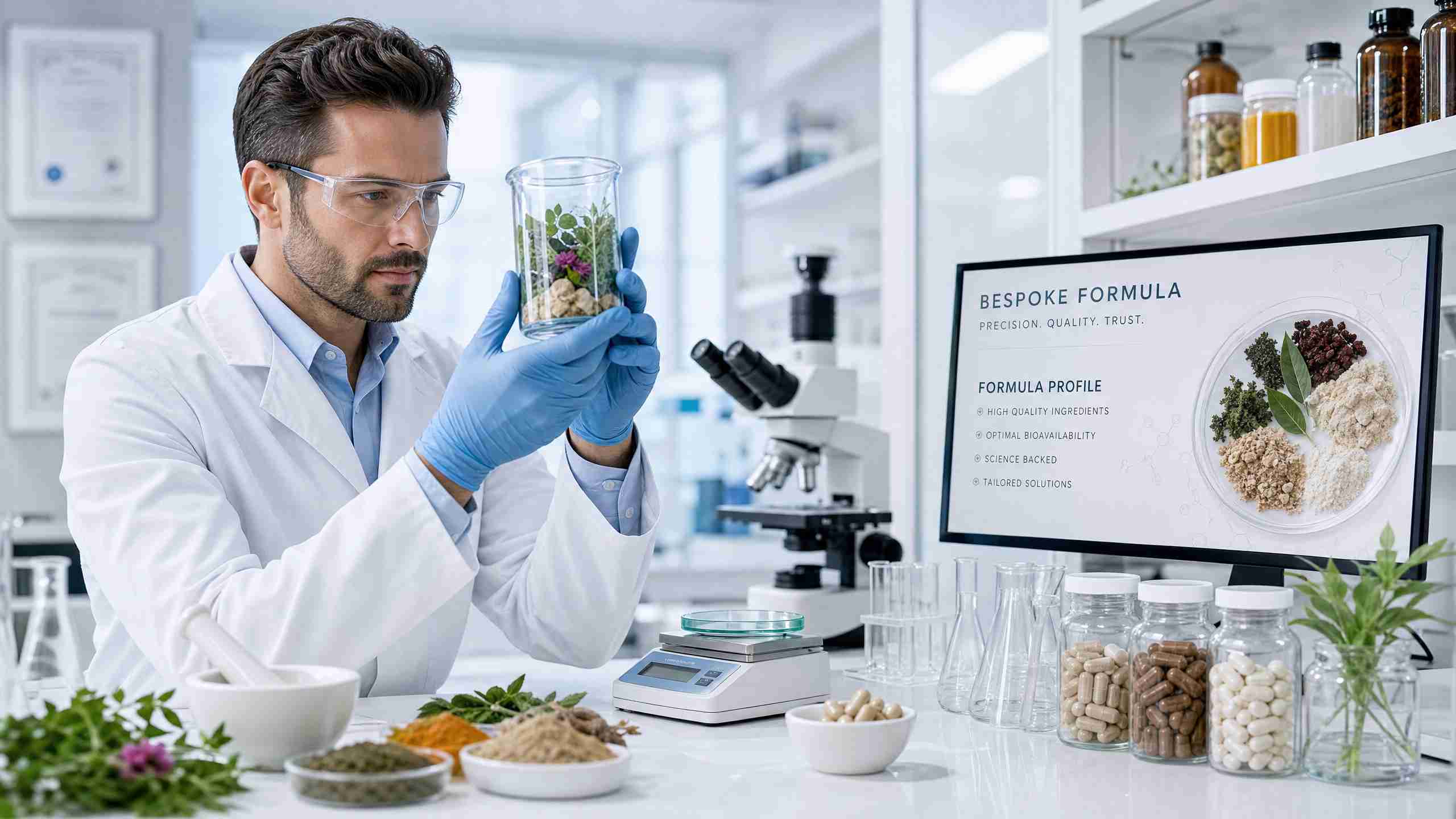 Scientist working on bespoke supplement formula creation