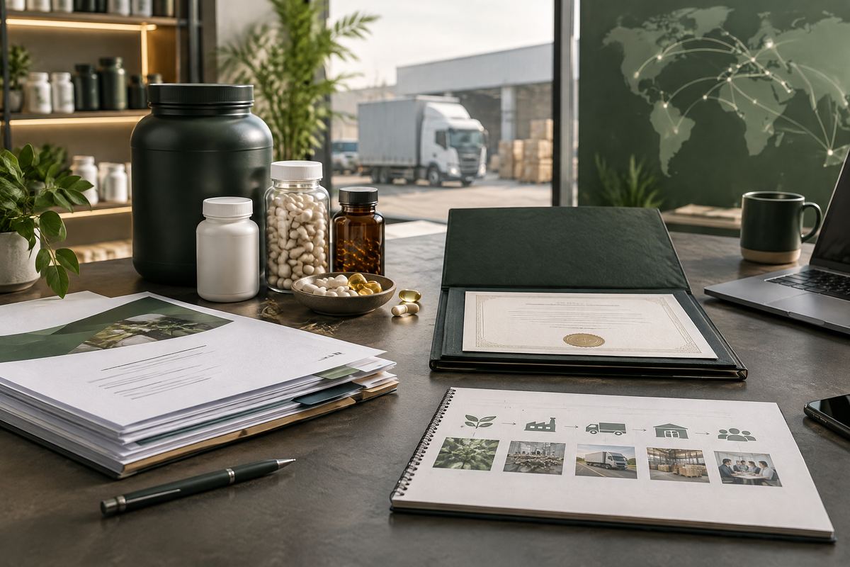 Supplier documents, unbranded supplement containers and certificate folder on a B2B evidence desk
