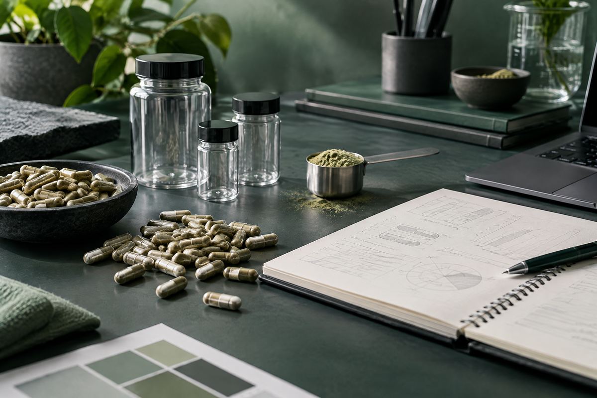 Unbranded capsules, sample jars, scoop and formulation planning notebook