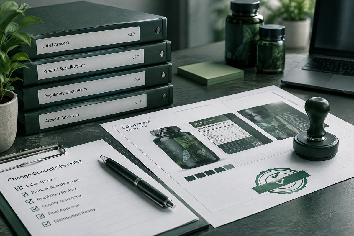 Versioned unbranded product documents, label proof, approval marker and controlled-document desk