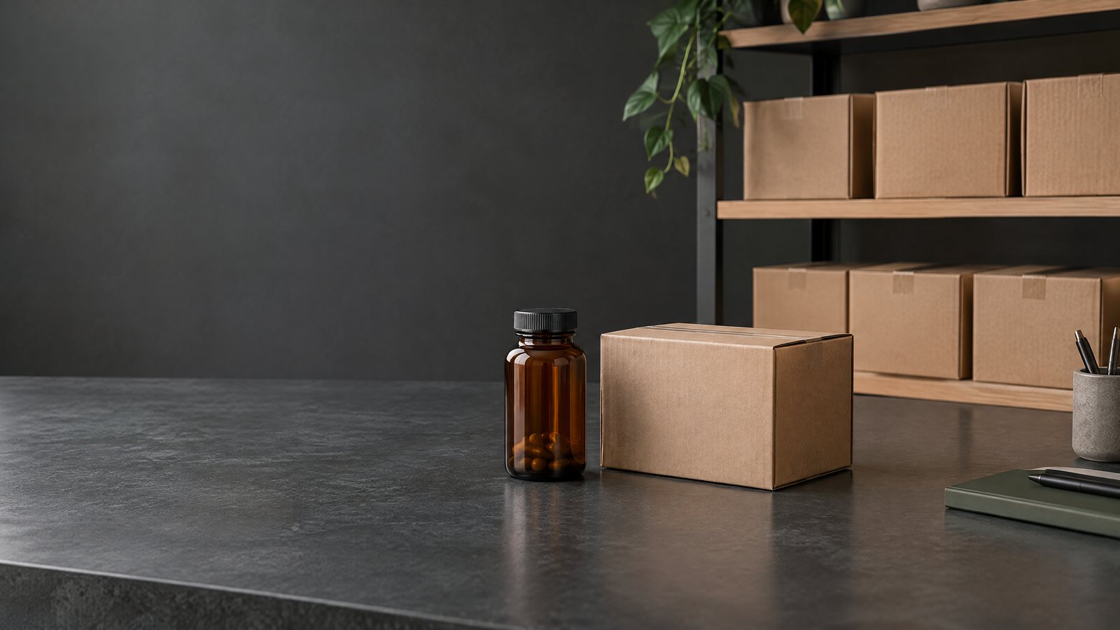Unbranded supplement bottle, plain dispatch carton and inventory-style storage shelf