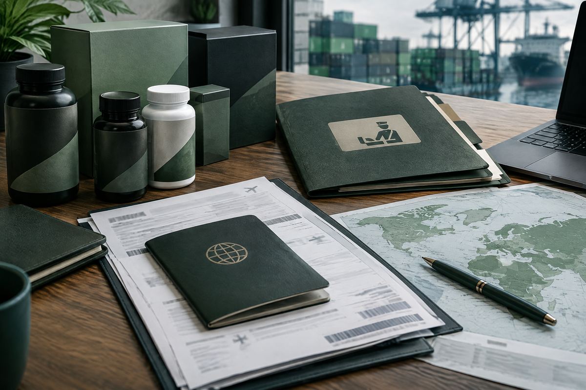 Unbranded supplement cartons, customs folder, shipping documents and map on a trade desk