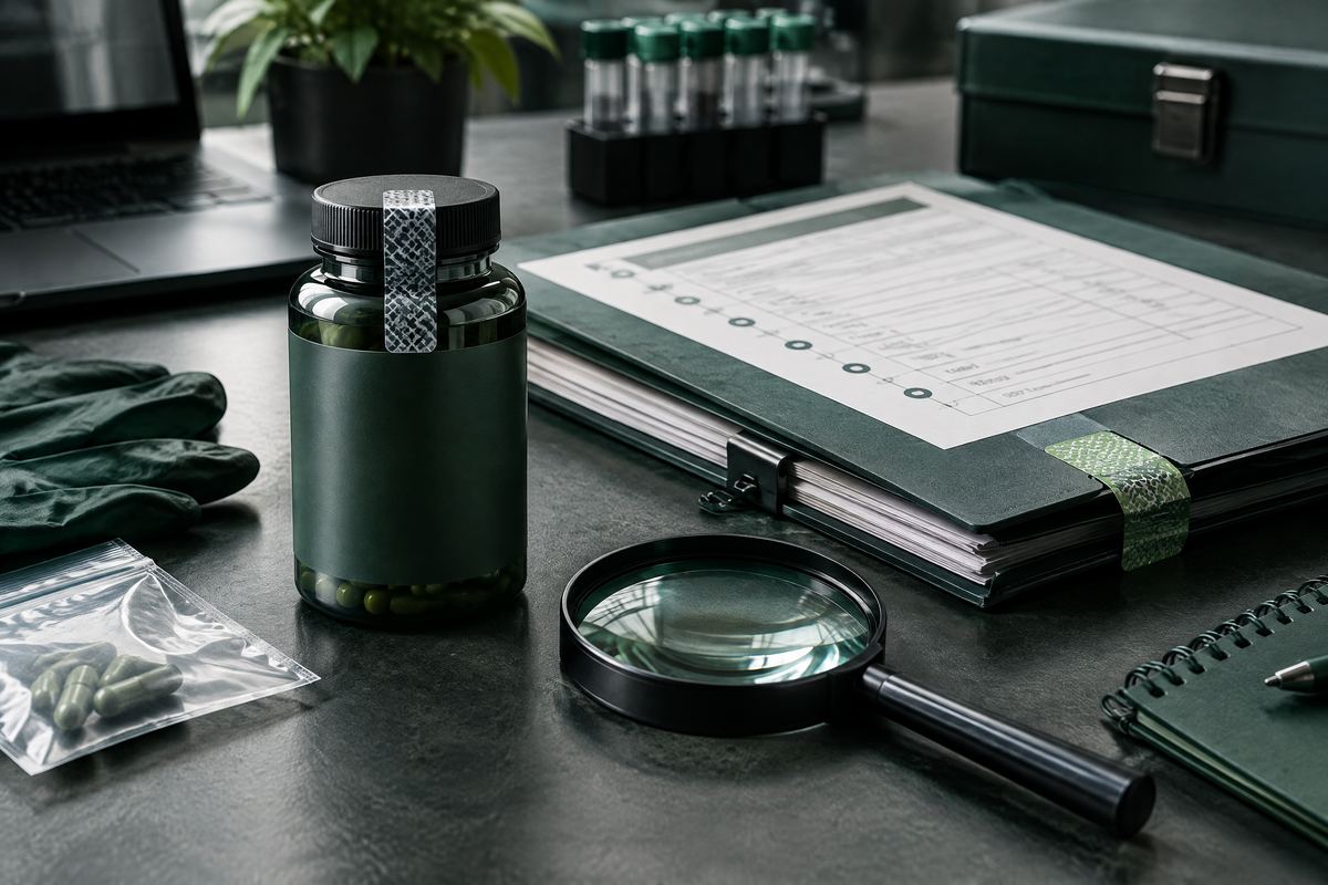 Sealed unbranded supplement sample, chain-of-custody folder and tamper-evident seal