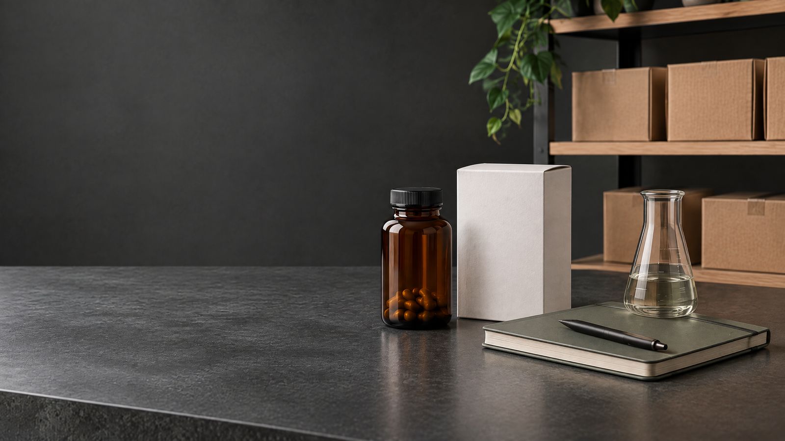 Three unbranded supplement packaging formats representing trade brand routes