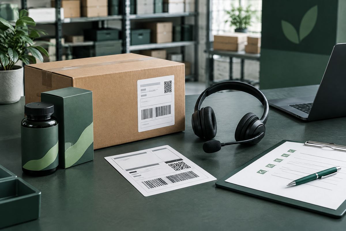 Unbranded supplement parcel, returns label, headset and service checklist on a fulfilment desk