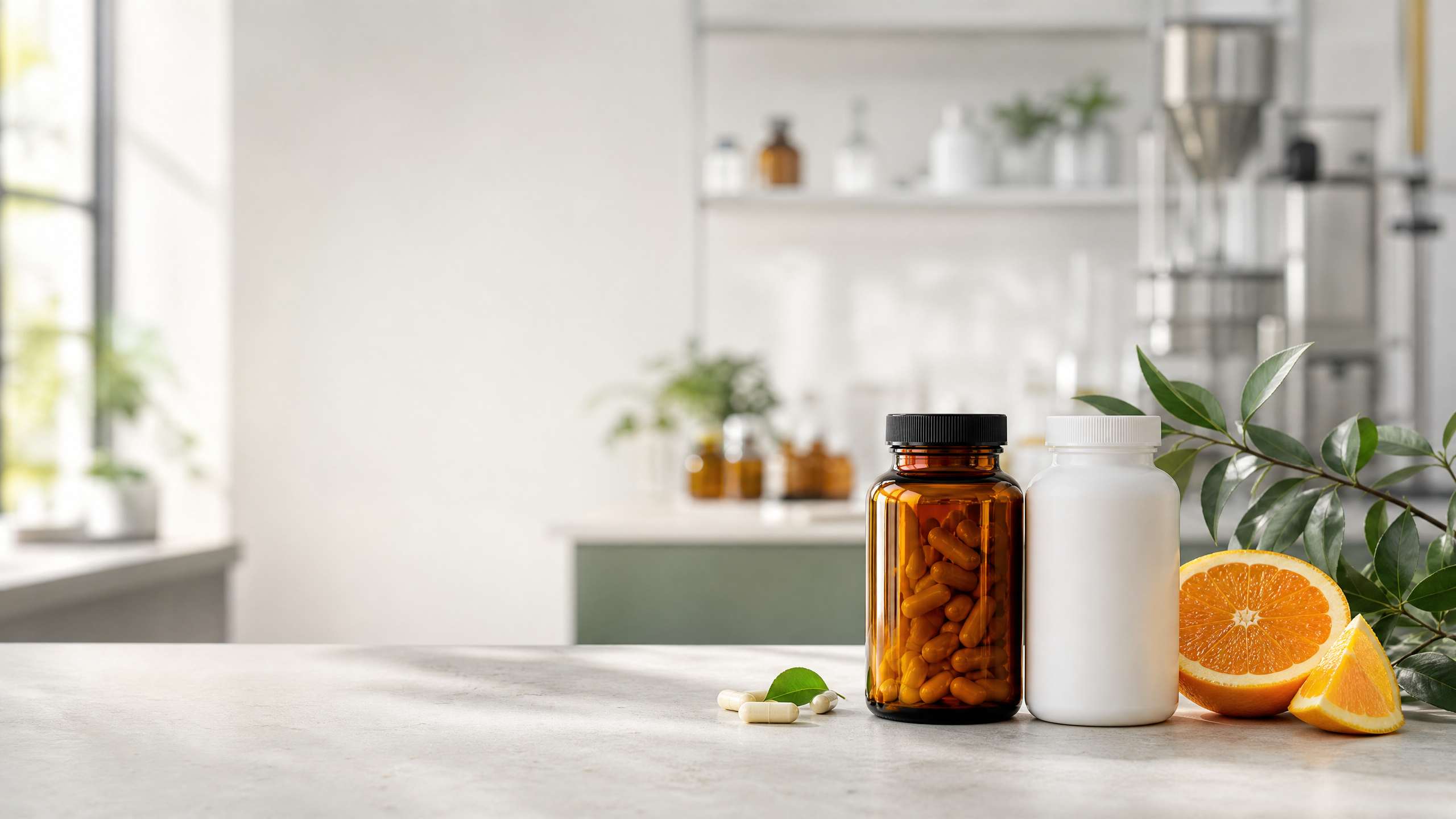 Unbranded supplement bottles and citrus in a clean trade packaging studio