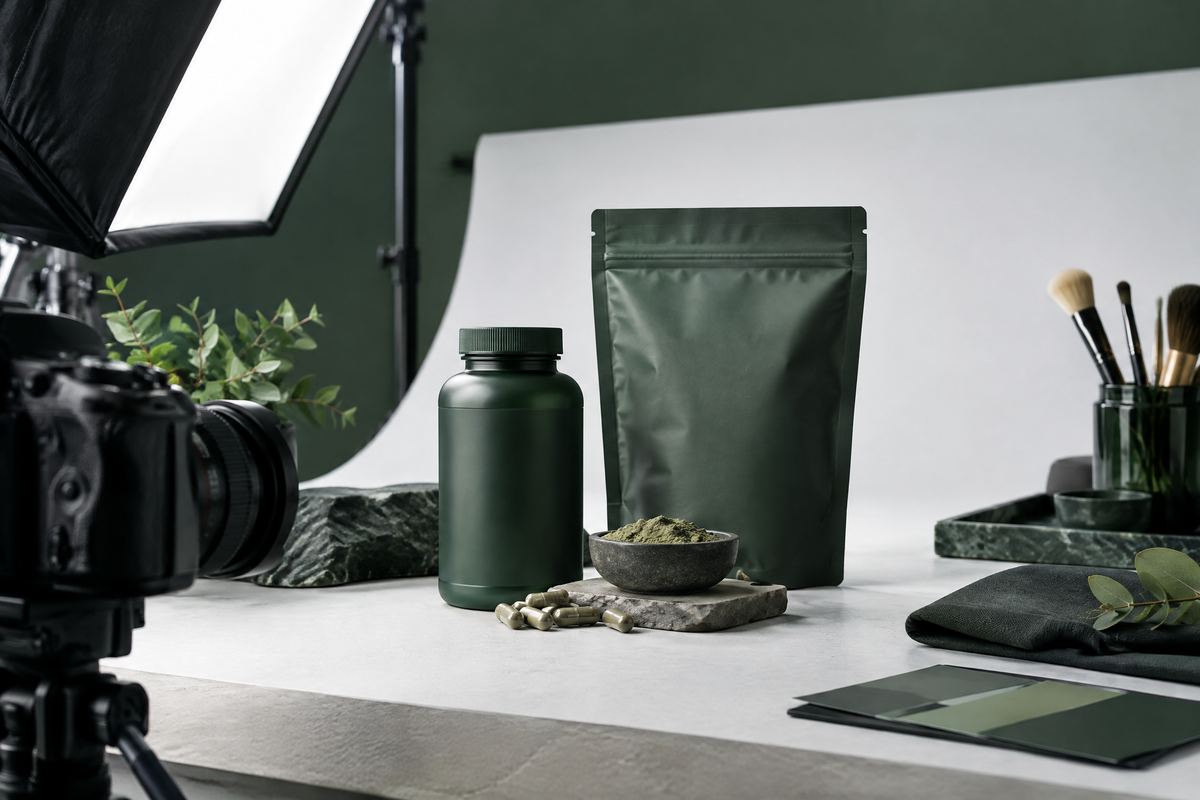 Unbranded supplement bottle and pouch on a clean product photography set with camera and softbox