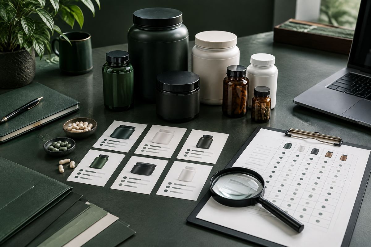 Unbranded supplement jars and product cards arranged for a portfolio review on a strategy desk