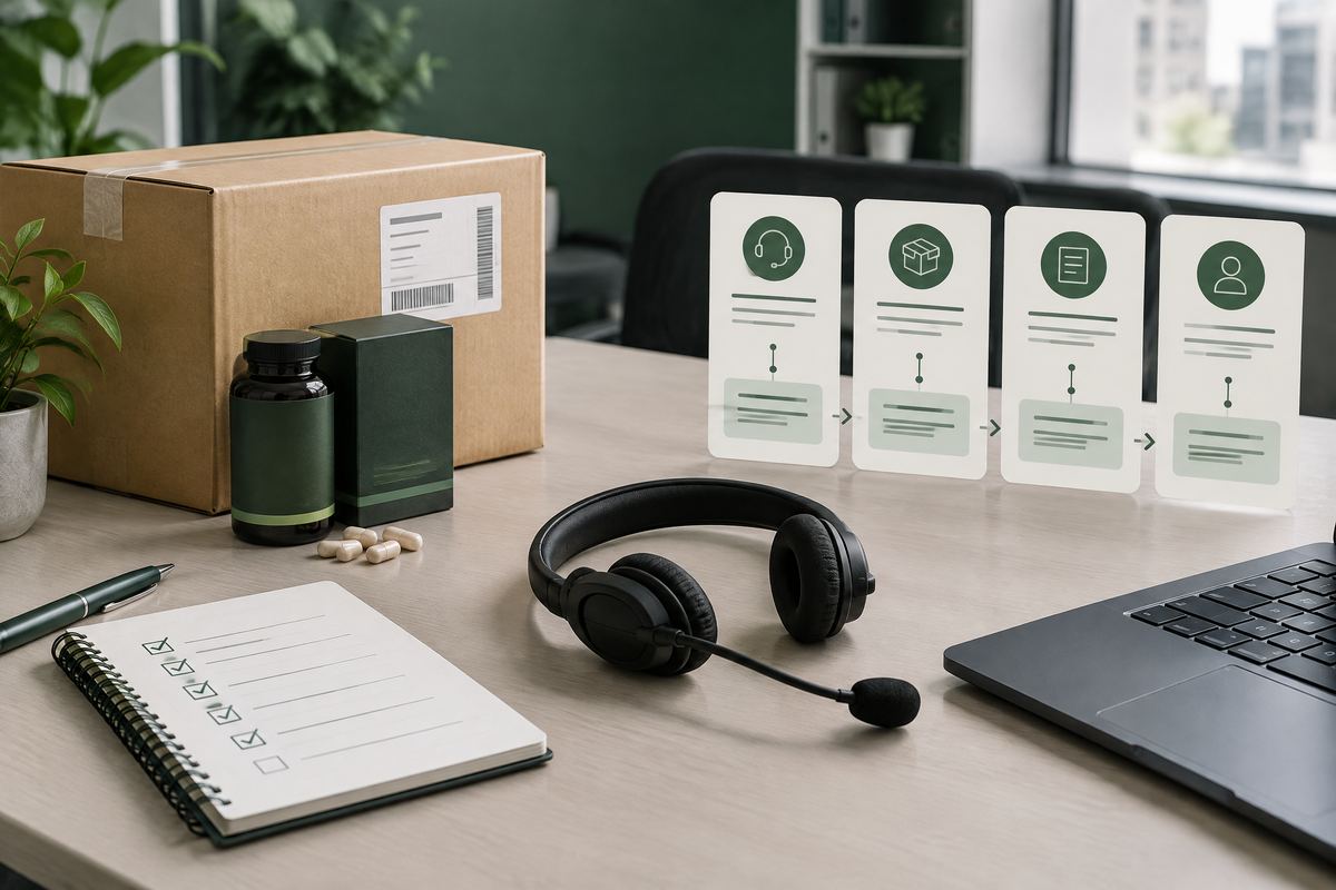 Unbranded supplement parcel, headset, issue checklist and escalation cards on a service desk