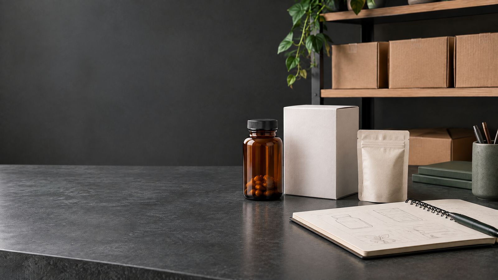 Unbranded supplement bottle, carton and brand-planning notebook on a business desk