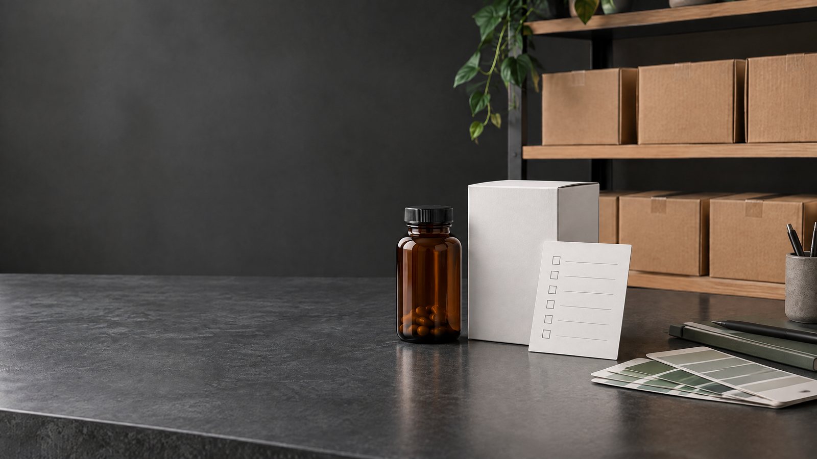 Unbranded supplement bottle, plain carton and blank packaging checklist card