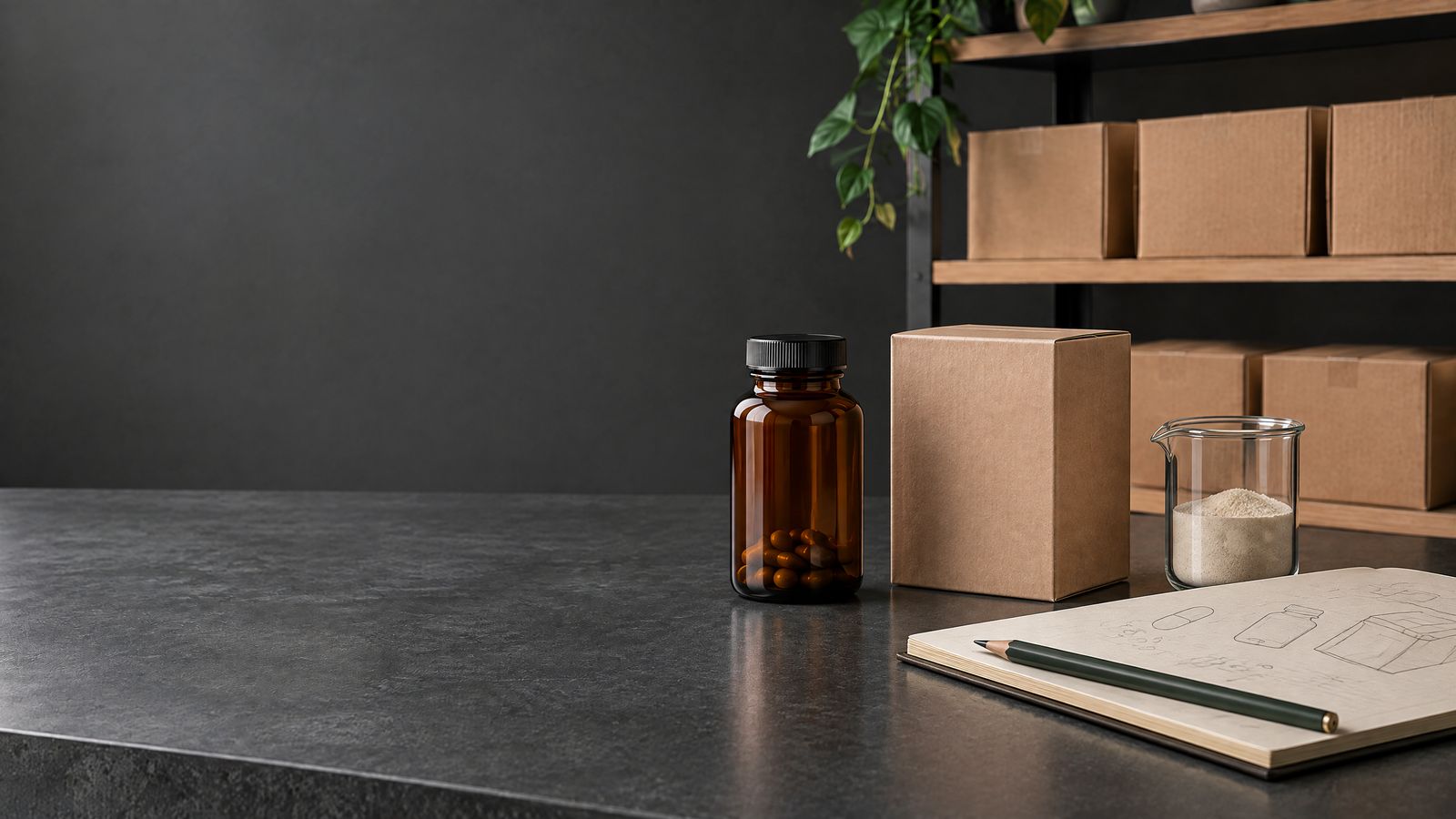 Unbranded supplement packaging, notebook and beaker on a product-development workbench