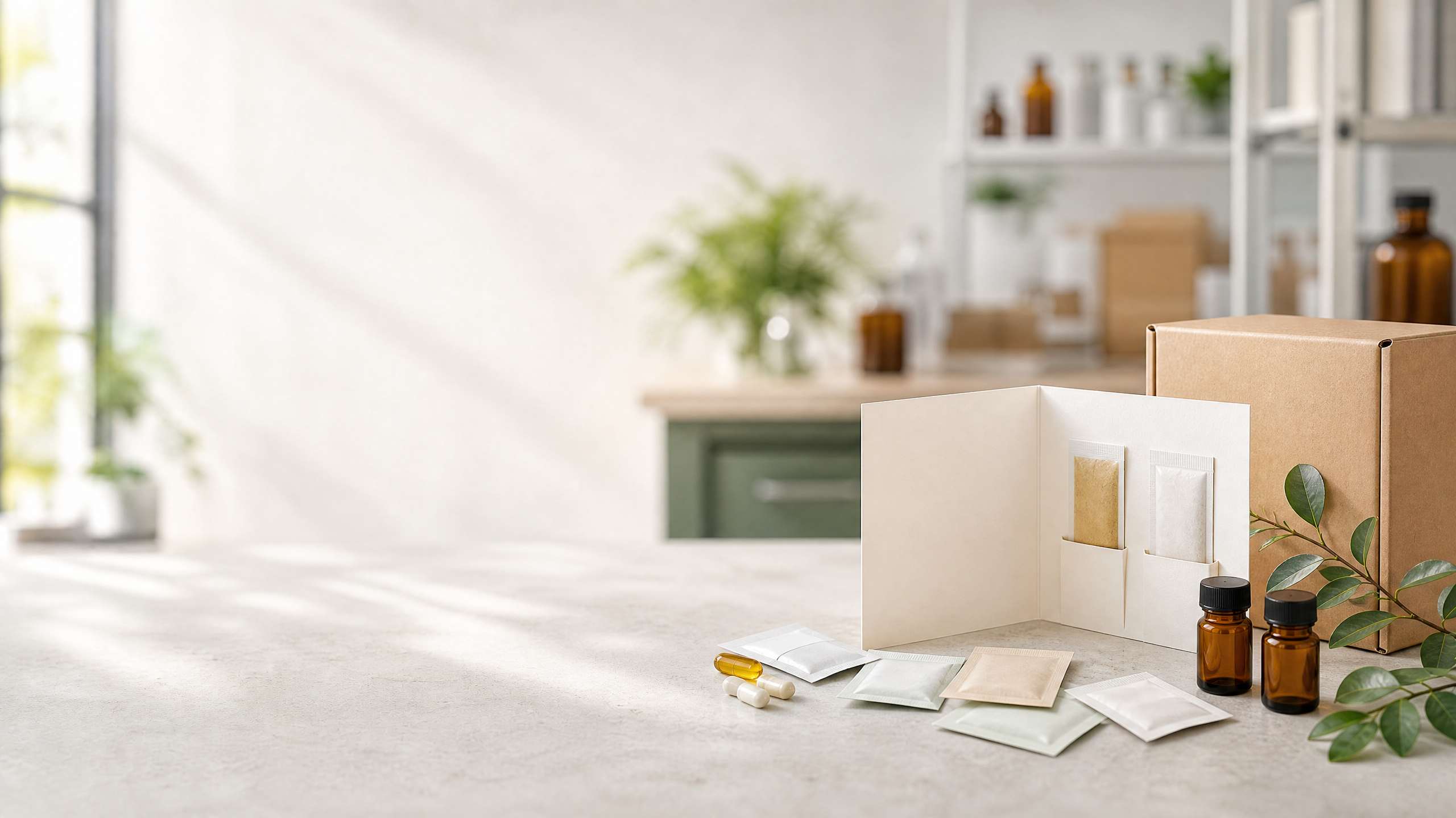 Unbranded supplement samples and shipping box on a clean packing studio surface