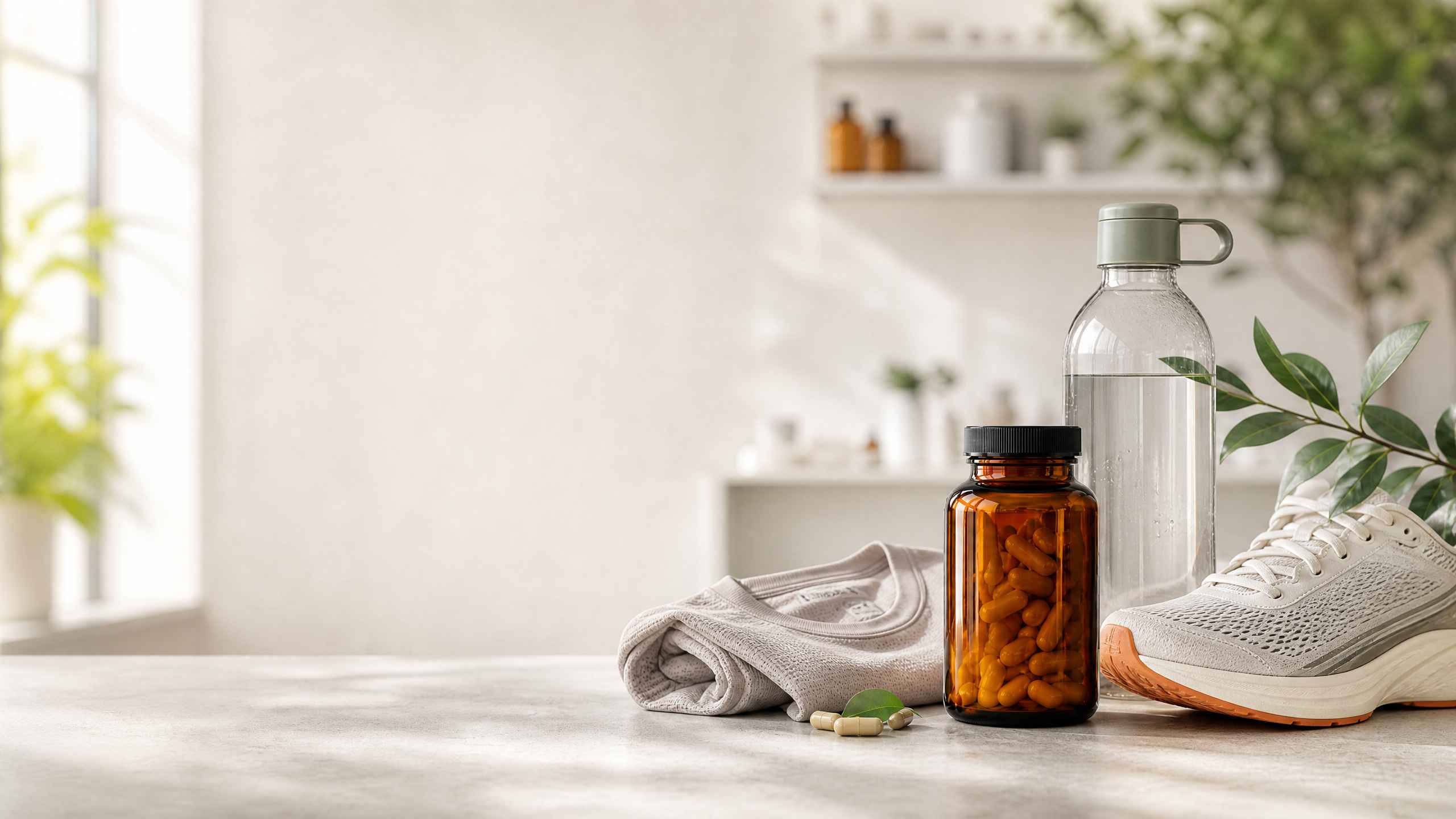 Unbranded supplement bottle and neutral running gear in a clean studio