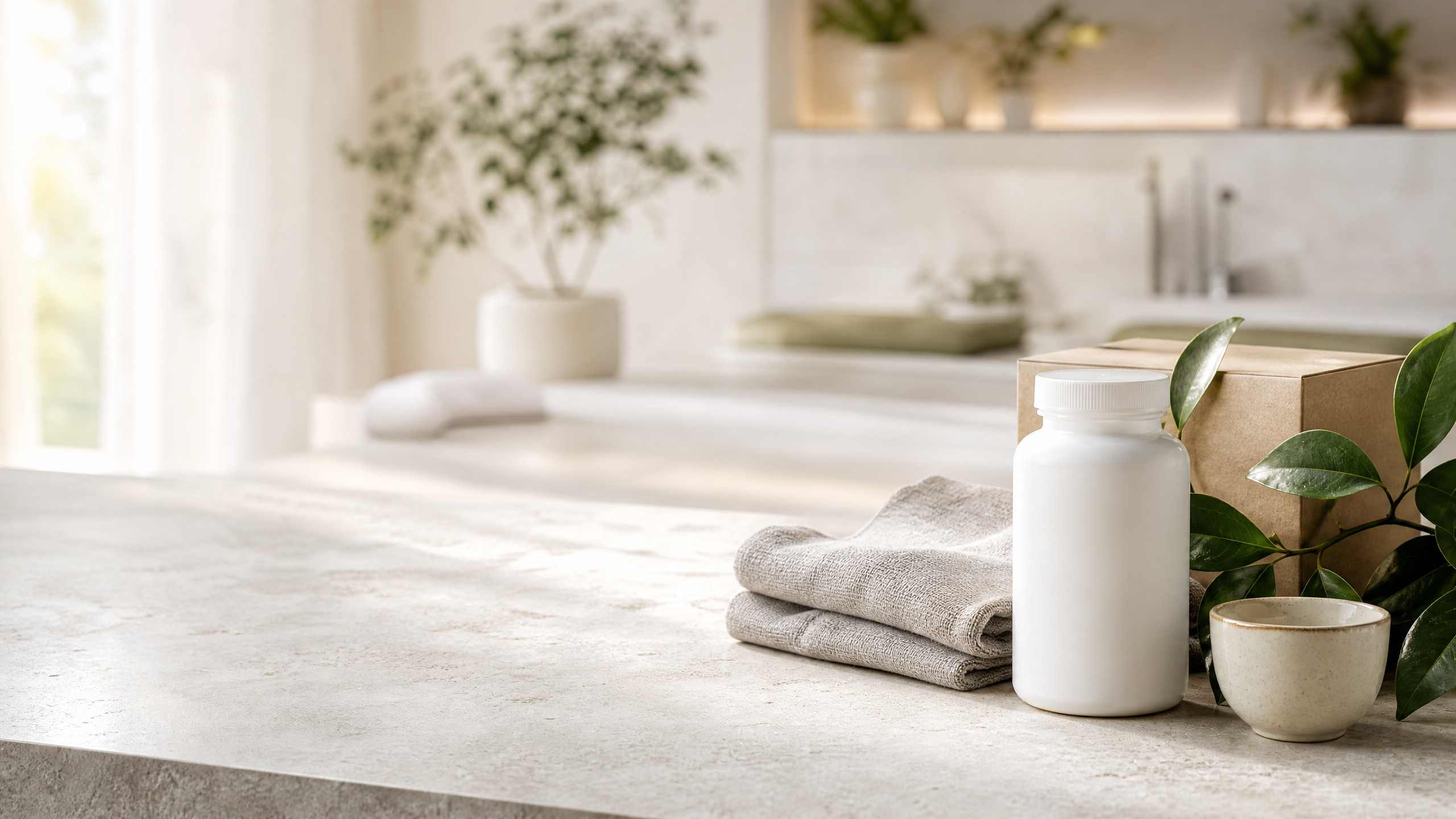 Unbranded supplement bottle, linen and gift box in an airy wellness studio