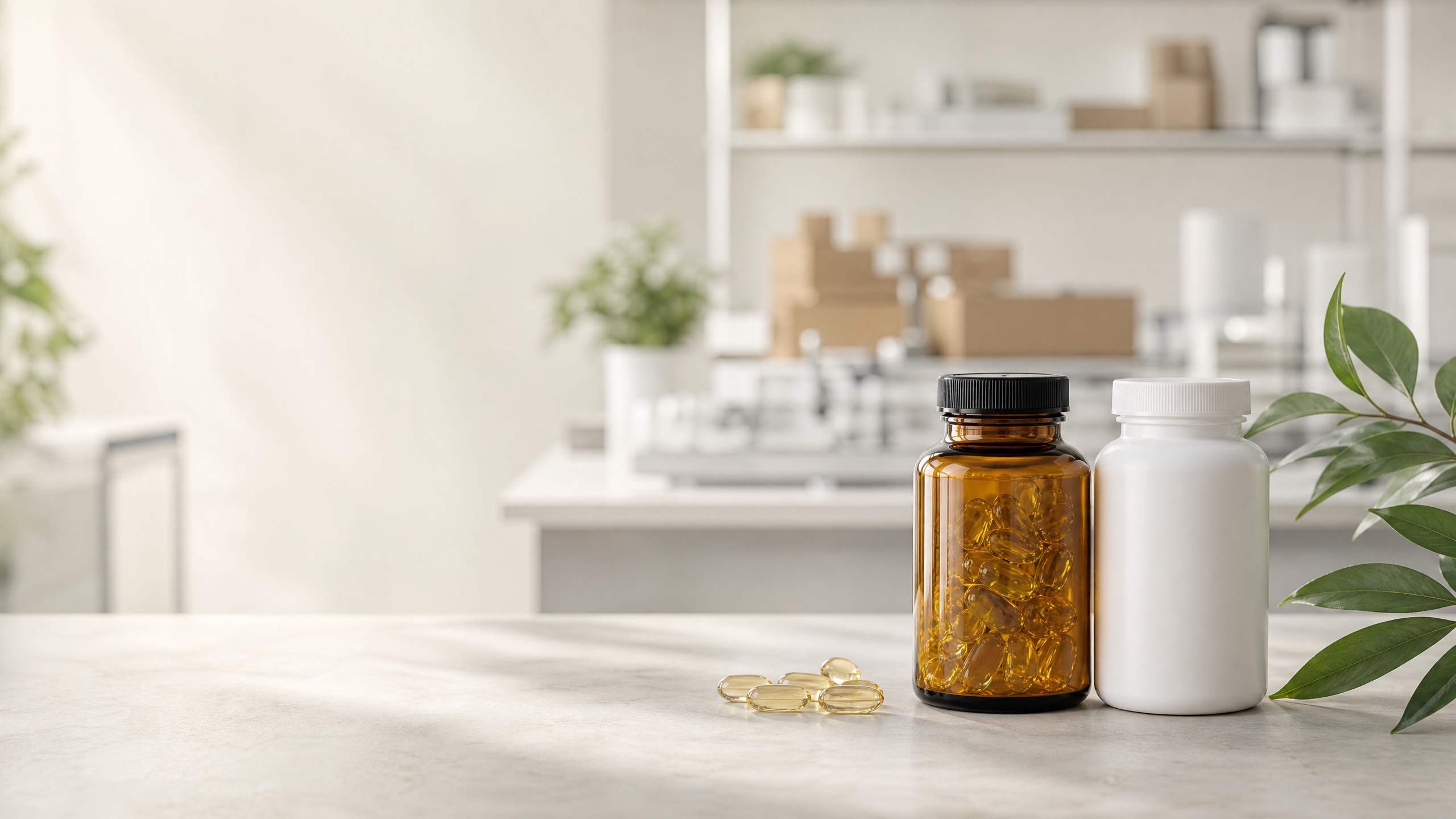 Unbranded softgel supplement bottles in a quality packaging workspace