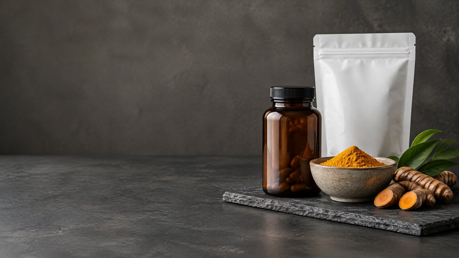 Unbranded supplement bottle, pouch and turmeric on a formulation workbench