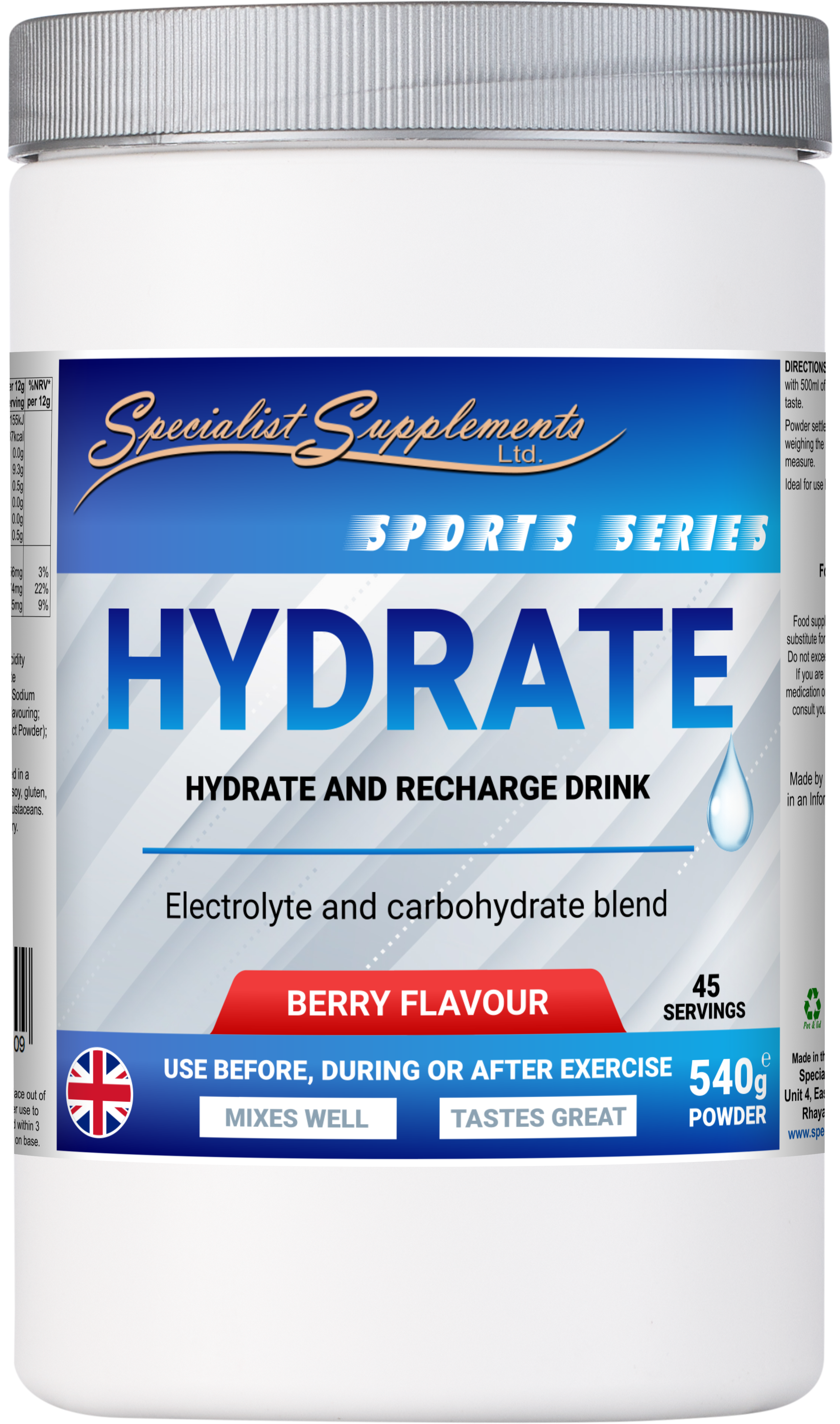 Berry flavour electrolyte and carbohydrate drink mix for rapid hydration